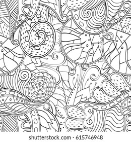 Tracery seamless pattern. Mehndi design. Ethnic monochrome binary doodle texture. Curved doodling black and white background. Vector