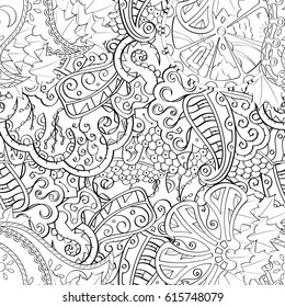 Tracery seamless pattern. Mehndi design. Ethnic monochrome binary doodle texture. Curved doodling black and white background. Vector