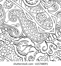 Tracery seamless pattern. Mehndi design. Ethnic monochrome binary doodle texture. Curved doodling black and white background. Vector