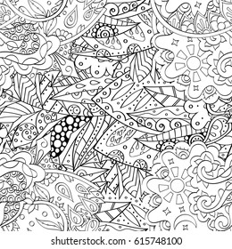 Tracery seamless pattern. Mehndi design. Ethnic monochrome binary doodle texture. Curved doodling black and white background. Vector