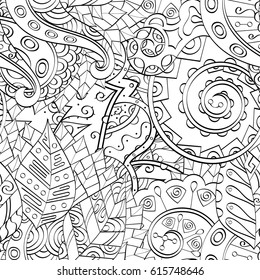 Tracery seamless pattern. Mehndi design. Ethnic monochrome binary doodle texture. Curved doodling black and white background. Vector