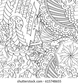 Tracery seamless pattern. Mehndi design. Ethnic monochrome binary doodle texture. Curved doodling black and white background. Vector