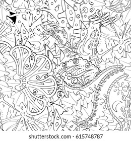 Tracery seamless pattern. Mehndi design. Ethnic monochrome binary doodle texture. Curved doodling black and white background. Vector