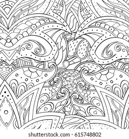 Tracery seamless pattern. Mehndi design. Ethnic monochrome binary doodle texture. Curved doodling black and white background. Vector