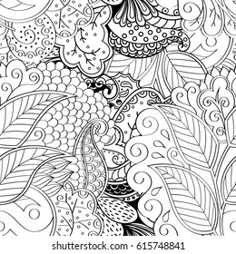 Tracery seamless pattern. Mehndi design. Ethnic monochrome binary doodle texture. Curved doodling black and white background. Vector