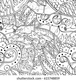 Tracery seamless pattern. Mehndi design. Ethnic monochrome binary doodle texture. Curved doodling black and white background. Vector