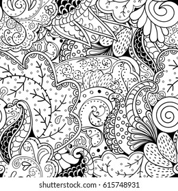 Tracery seamless pattern. Mehndi design. Ethnic monochrome binary doodle texture. Curved doodling black and white background. Vector