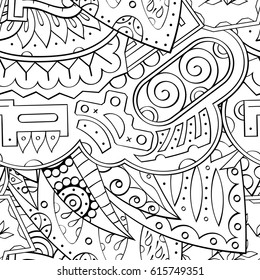 Tracery seamless pattern. Mehndi design. Ethnic monochrome binary doodle texture. Curved doodling black and white background. Vector