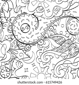 Tracery seamless pattern. Mehndi design. Ethnic monochrome binary doodle texture. Curved doodling black and white background. Vector