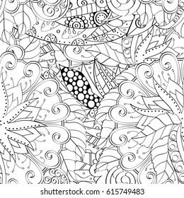 Tracery seamless pattern. Mehndi design. Ethnic monochrome binary doodle texture. Curved doodling black and white background. Vector