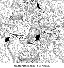 Tracery seamless pattern. Mehndi design. Ethnic monochrome binary doodle texture. Curved doodling black and white background. Vector