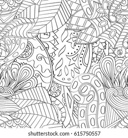 Tracery seamless pattern. Mehndi design. Ethnic monochrome binary doodle texture. Curved doodling black and white background. Vector