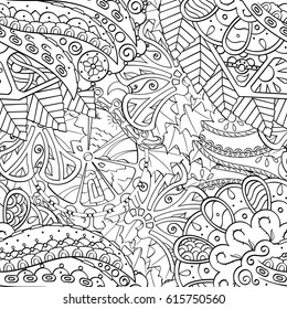 Tracery seamless pattern. Mehndi design. Ethnic monochrome binary doodle texture. Curved doodling black and white background. Vector