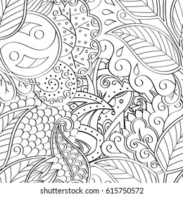 Tracery seamless pattern. Mehndi design. Ethnic monochrome binary doodle texture. Curved doodling black and white background. Vector