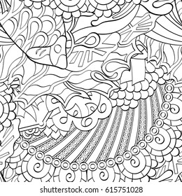 Tracery seamless pattern. Mehndi design. Ethnic monochrome binary doodle texture. Curved doodling black and white background. Vector