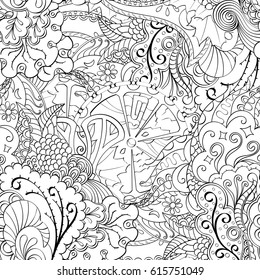 Tracery seamless pattern. Mehndi design. Ethnic monochrome binary doodle texture. Curved doodling black and white background. Vector