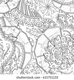 Tracery seamless pattern. Mehndi design. Ethnic monochrome binary doodle texture. Curved doodling black and white background. Vector
