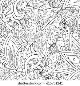 Tracery seamless pattern. Mehndi design. Ethnic monochrome binary doodle texture. Curved doodling black and white background. Vector