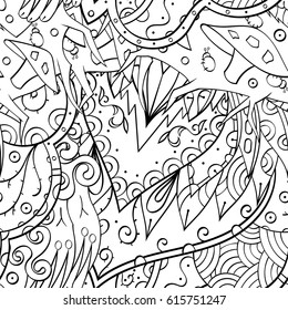 Tracery seamless pattern. Mehndi design. Ethnic monochrome binary doodle texture. Curved doodling black and white background. Vector