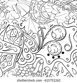 Tracery seamless pattern. Mehndi design. Ethnic monochrome binary doodle texture. Curved doodling black and white background. Vector