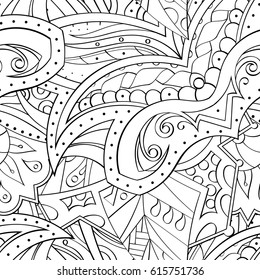 Tracery seamless pattern. Mehndi design. Ethnic monochrome binary doodle texture. Curved doodling black and white background. Vector