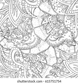 Tracery seamless pattern. Mehndi design. Ethnic monochrome binary doodle texture. Curved doodling black and white background. Vector
