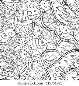 Tracery seamless pattern. Mehndi design. Ethnic monochrome binary doodle texture. Curved doodling black and white background. Vector