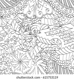 Tracery seamless pattern. Mehndi design. Ethnic monochrome binary doodle texture. Curved doodling black and white background. Vector