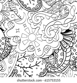 Tracery seamless pattern. Mehndi design. Ethnic monochrome binary doodle texture. Curved doodling black and white background. Vector