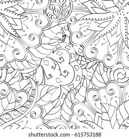 Tracery seamless pattern. Mehndi design. Ethnic monochrome binary doodle texture. Curved doodling black and white background. Vector