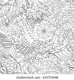 Tracery seamless pattern. Mehndi design. Ethnic monochrome binary doodle texture. Curved doodling black and white background. Vector