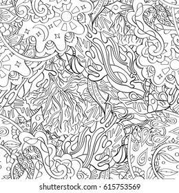 Tracery seamless pattern. Mehndi design. Ethnic monochrome binary doodle texture. Curved doodling black and white background. Vector