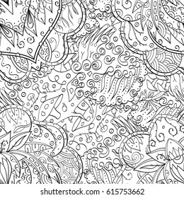 Tracery seamless pattern. Mehndi design. Ethnic monochrome binary doodle texture. Curved doodling black and white background. Vector
