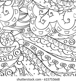 Tracery seamless pattern. Mehndi design. Ethnic monochrome binary doodle texture. Curved doodling black and white background. Vector