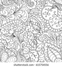 Tracery seamless pattern. Mehndi design. Ethnic monochrome binary doodle texture. Curved doodling black and white background. Vector