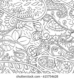 Tracery seamless pattern. Mehndi design. Ethnic monochrome binary doodle texture. Curved doodling black and white background. Vector