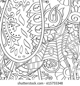 Tracery seamless pattern. Mehndi design. Ethnic monochrome binary doodle texture. Curved doodling black and white background. Vector