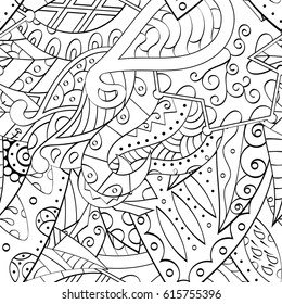 Tracery seamless pattern. Mehndi design. Ethnic monochrome binary doodle texture. Curved doodling black and white background. Vector