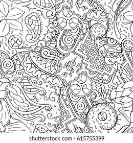 Tracery seamless pattern. Mehndi design. Ethnic monochrome binary doodle texture. Curved doodling black and white background. Vector