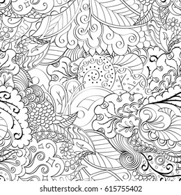 Tracery seamless pattern. Mehndi design. Ethnic monochrome binary doodle texture. Curved doodling black and white background. Vector