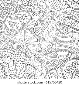 Tracery seamless pattern. Mehndi design. Ethnic monochrome binary doodle texture. Curved doodling black and white background. Vector