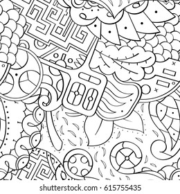 Tracery seamless pattern. Mehndi design. Ethnic monochrome binary doodle texture. Curved doodling black and white background. Vector