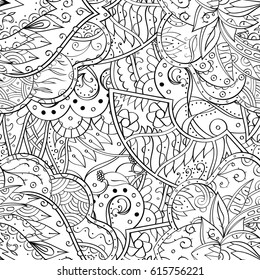 Tracery seamless pattern. Mehndi design. Ethnic monochrome binary doodle texture. Curved doodling black and white background. Vector
