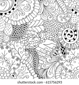 Tracery seamless pattern. Mehndi design. Ethnic monochrome binary doodle texture. Curved doodling black and white background. Vector
