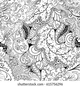Tracery seamless pattern. Mehndi design. Ethnic monochrome binary doodle texture. Curved doodling black and white background. Vector