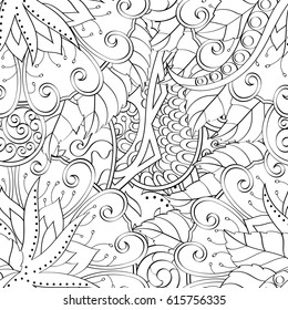 Tracery seamless pattern. Mehndi design. Ethnic monochrome binary doodle texture. Curved doodling black and white background. Vector