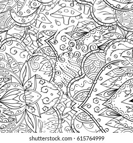 Tracery seamless pattern. Mehndi design. Ethnic monochrome binary doodle texture. Curved doodling black and white background. Vector