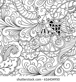 Tracery seamless pattern. Mehndi design. Ethnic monochrome binary doodle texture. Curved doodling black and white background. Vector