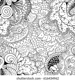 Tracery seamless pattern. Mehndi design. Ethnic monochrome binary doodle texture. Curved doodling black and white background. Vector