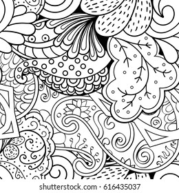 Tracery seamless pattern. Mehndi design. Ethnic monochrome binary doodle texture. Curved doodling black and white background. Vector